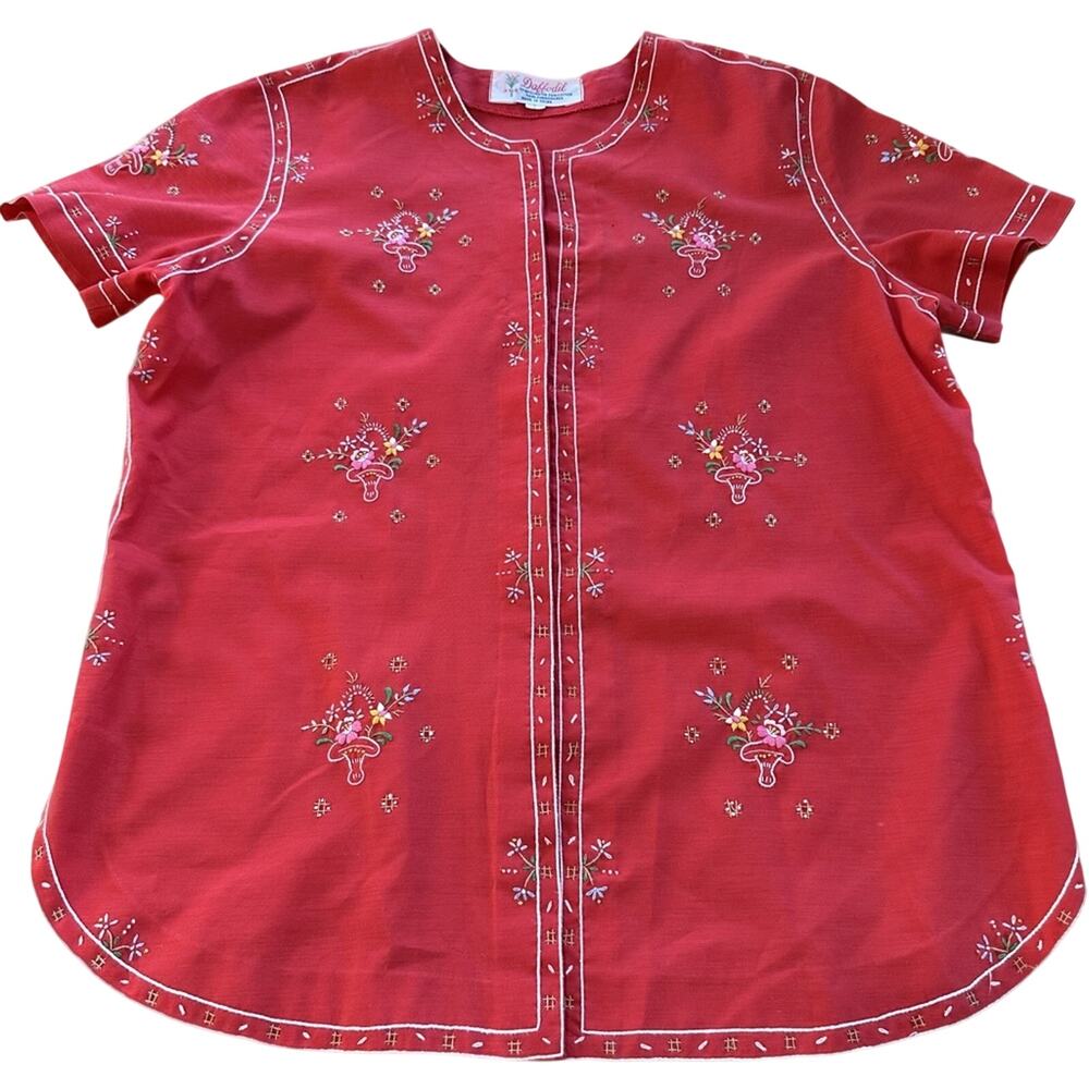 VTG 70s 80s Hand Embroidered Daffodil Floral Blouse Red Cottagecore Top L